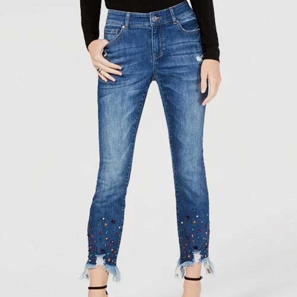 INC Rainbow Jeweled Skinny Fit Jeans Womens Size 12